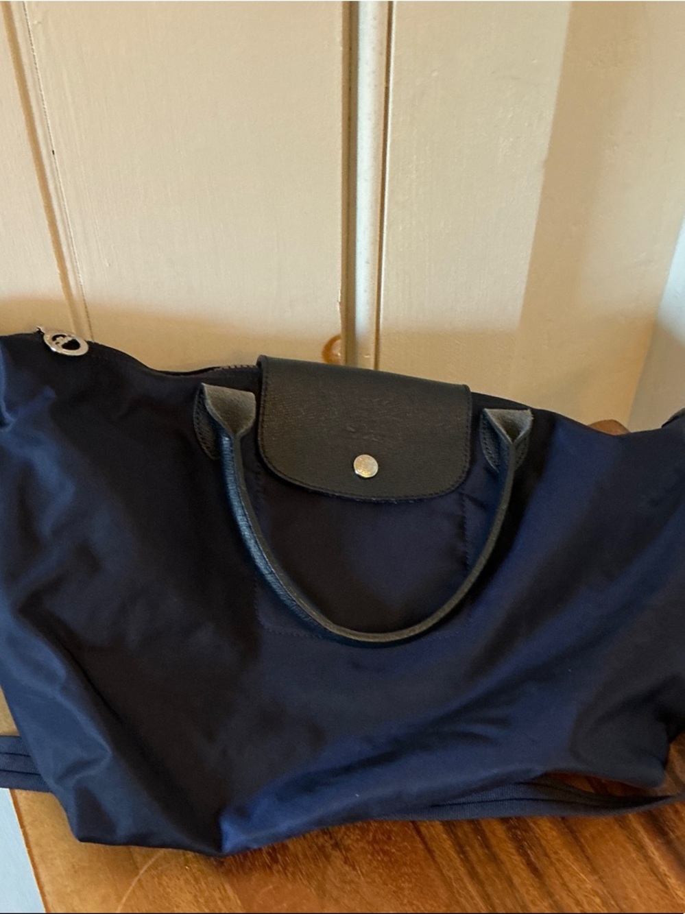 Longchamp Navy Nylon Shoulder Bag with Navy Blue Leather Trim and Silver hardwar